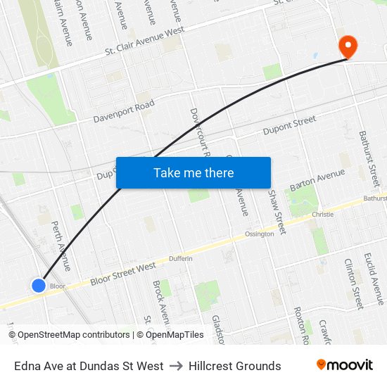 Edna Ave at Dundas St West to Hillcrest Grounds map