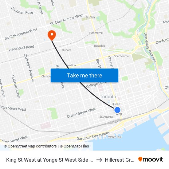 King St West at Yonge St West Side - King Station to Hillcrest Grounds map