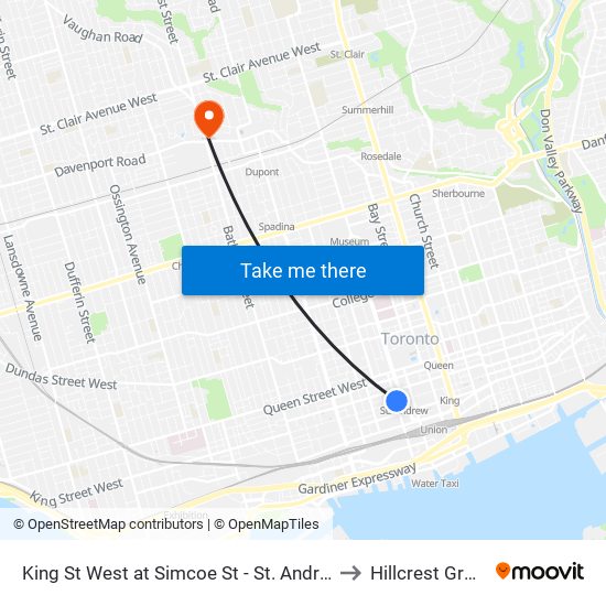 King St West at Simcoe St - St. Andrew Station to Hillcrest Grounds map