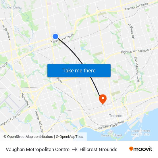 Vaughan Metropolitan Centre to Hillcrest Grounds map