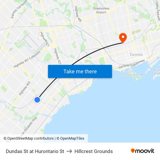 Dundas St at Hurontario St to Hillcrest Grounds map