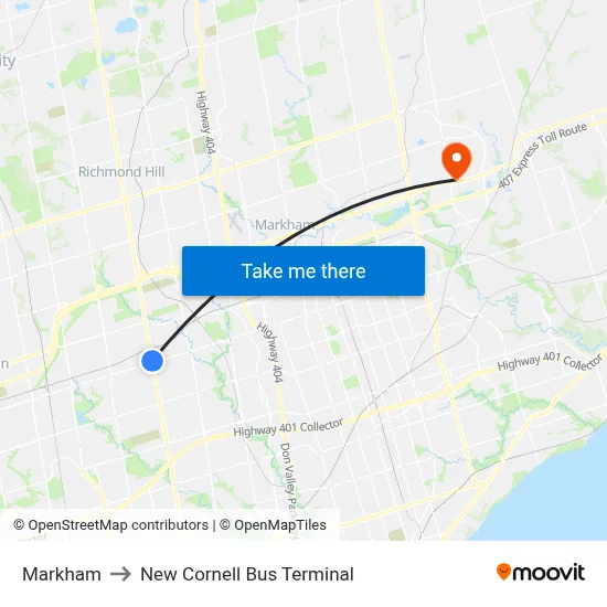 Markham to New Cornell Bus Terminal map