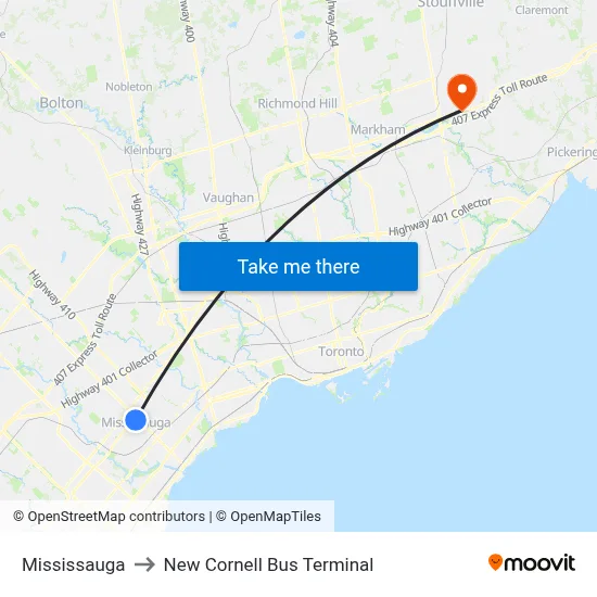 Mississauga to New Cornell Bus Terminal map