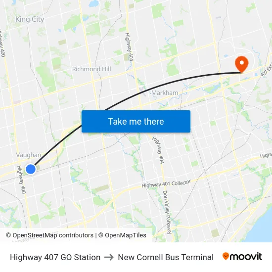 Highway 407 GO Station to New Cornell Bus Terminal map