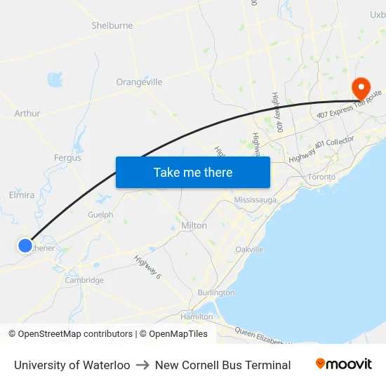 University of Waterloo to New Cornell Bus Terminal map