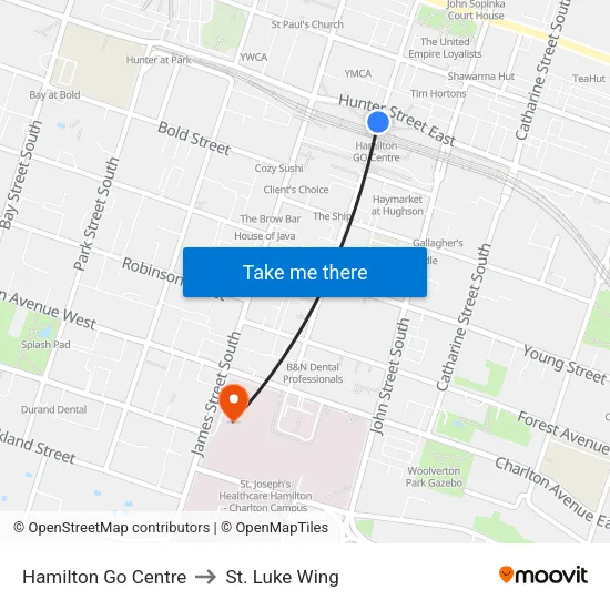 Hamilton Go Centre to St. Luke Wing map