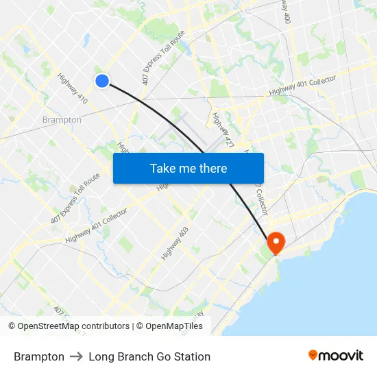 Brampton to Long Branch Go Station map