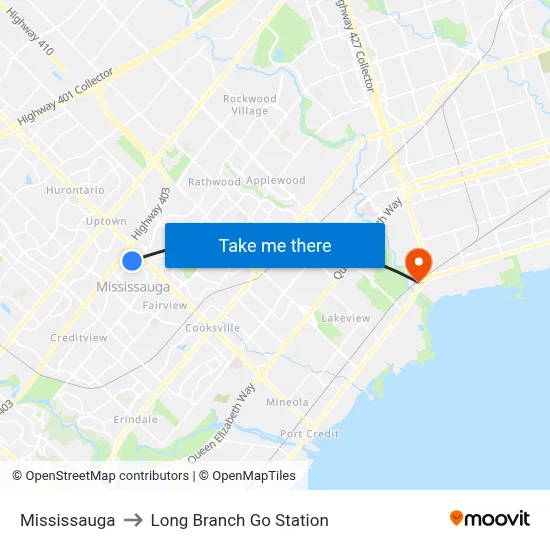 Mississauga to Long Branch Go Station map