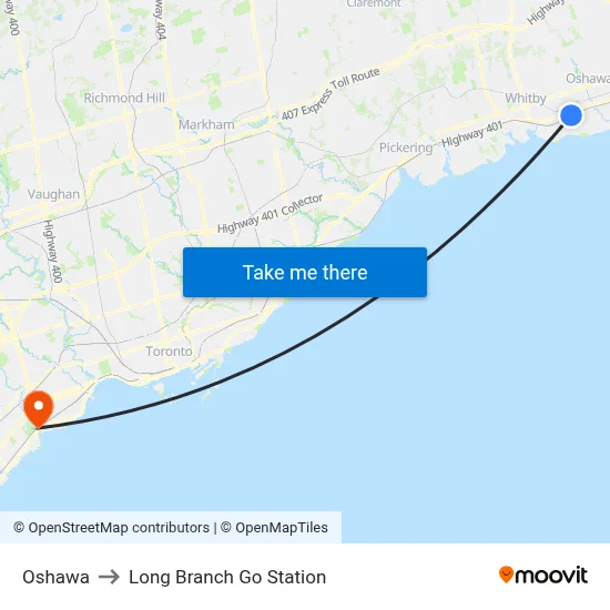 Oshawa to Long Branch Go Station map