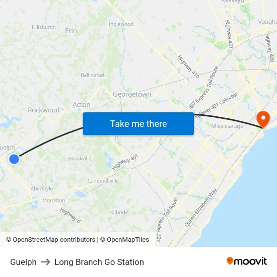 Guelph to Long Branch Go Station map