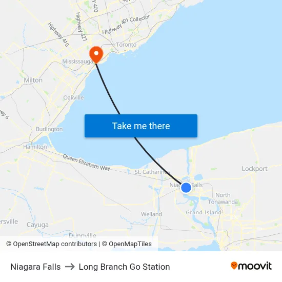 Niagara Falls to Long Branch Go Station map
