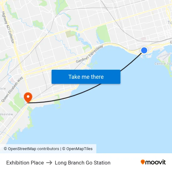 Exhibition Place to Long Branch Go Station map