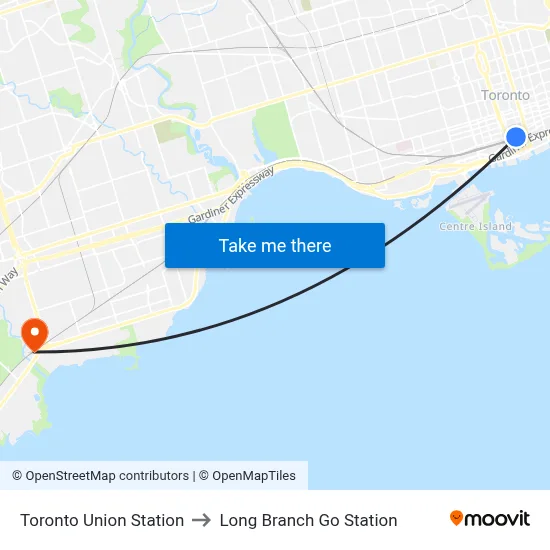 Toronto Union Station to Long Branch Go Station map