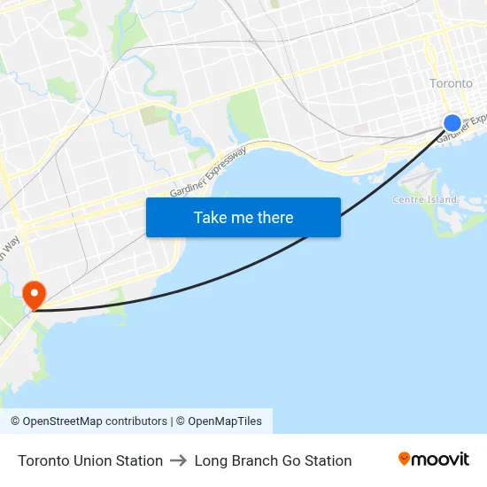 Toronto Union Station to Long Branch Go Station map