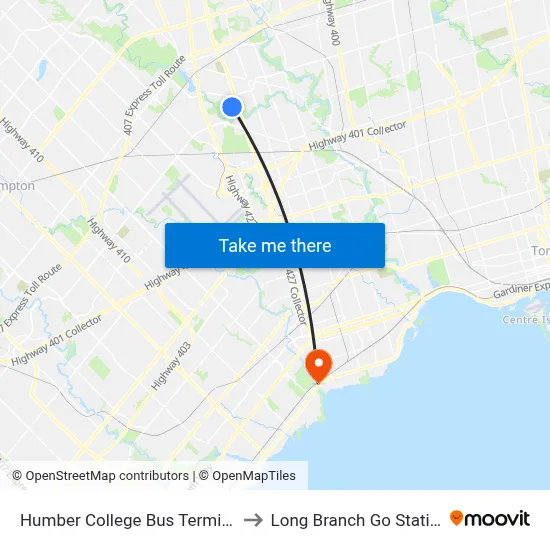 Humber College Bus Terminal to Long Branch Go Station map