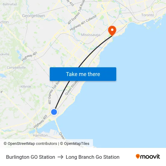 Burlington GO Station to Long Branch Go Station map