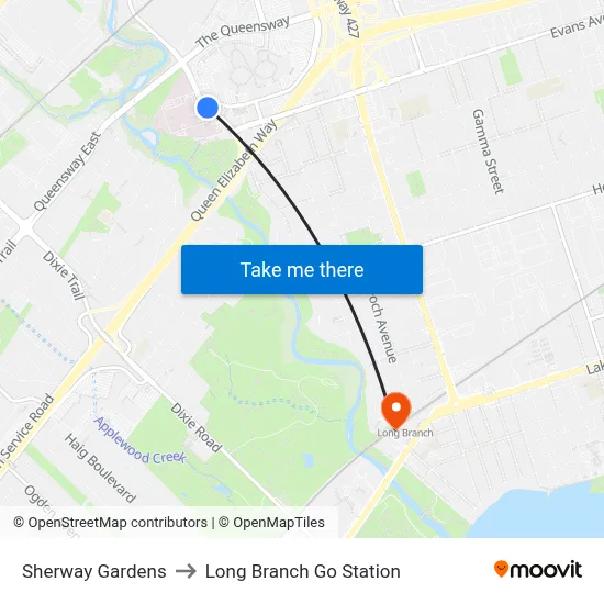 Sherway Gardens to Long Branch Go Station map