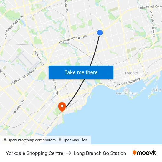 Yorkdale Shopping Centre to Long Branch Go Station map