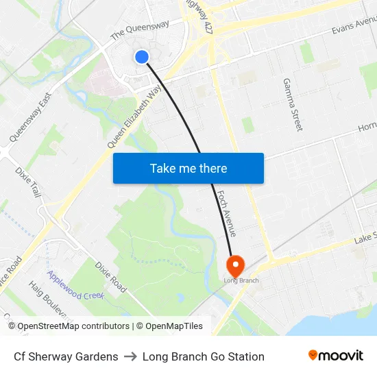 Cf Sherway Gardens to Long Branch Go Station map