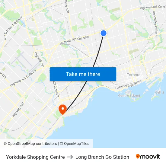 Yorkdale Shopping Centre to Long Branch Go Station map