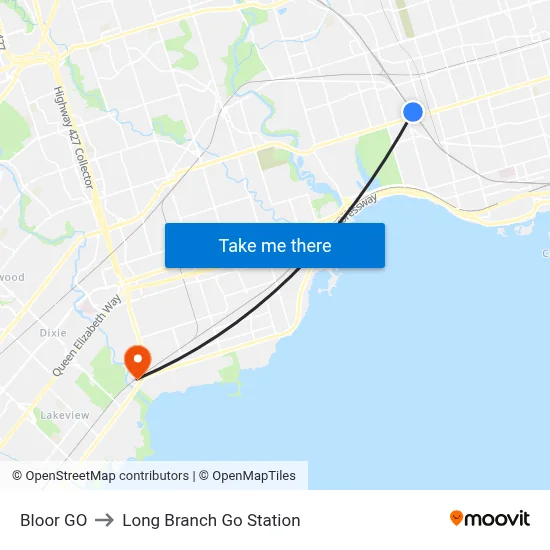 Bloor GO to Long Branch Go Station map