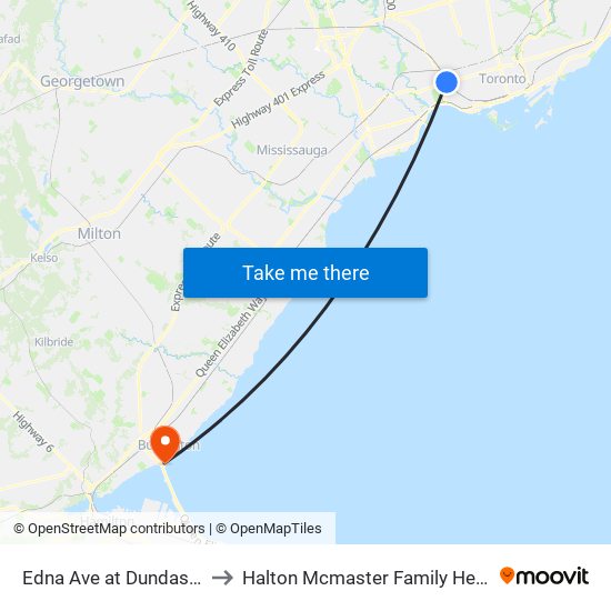 Edna Ave at Dundas St West to Halton Mcmaster Family Health Centre map
