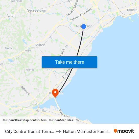 City Centre Transit Terminal Platform K to Halton Mcmaster Family Health Centre map