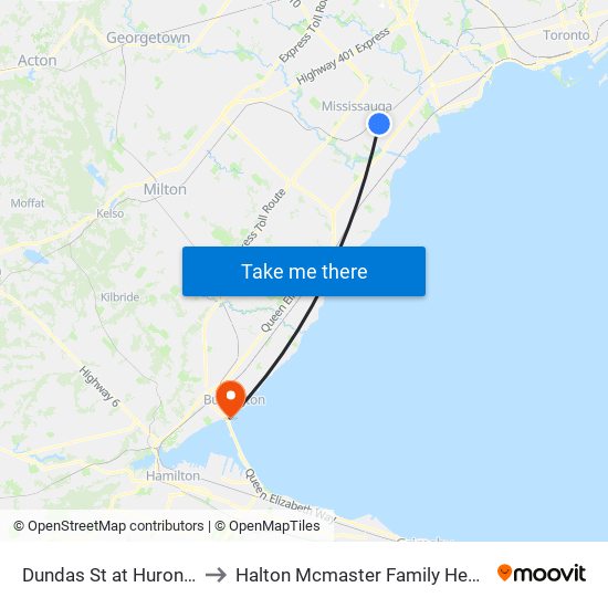 Dundas St at Hurontario St to Halton Mcmaster Family Health Centre map