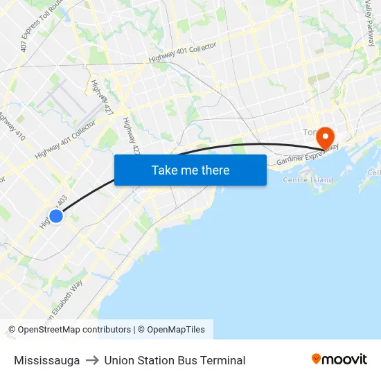 Mississauga to Union Station Bus Terminal map