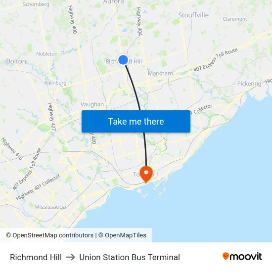 Richmond Hill to Union Station Bus Terminal map
