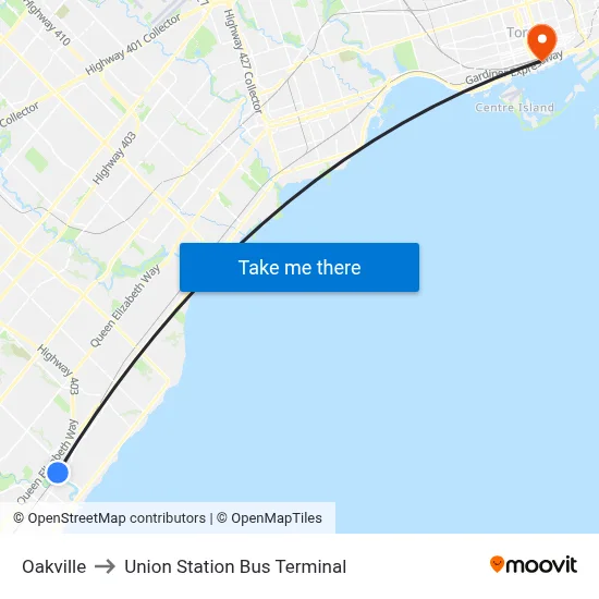 Oakville to Union Station Bus Terminal map