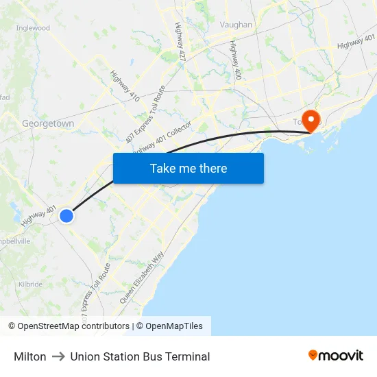 Milton to Union Station Bus Terminal map