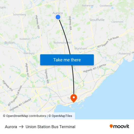 Aurora to Union Station Bus Terminal map