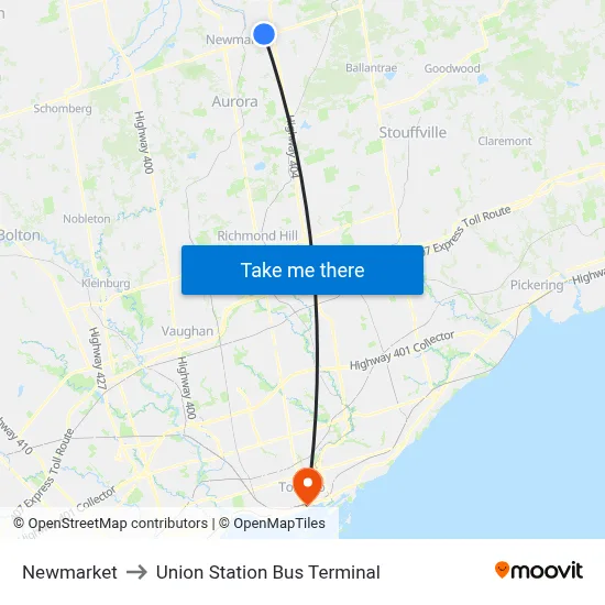 Newmarket to Union Station Bus Terminal map