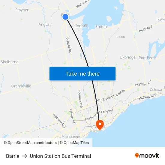 Barrie to Union Station Bus Terminal map