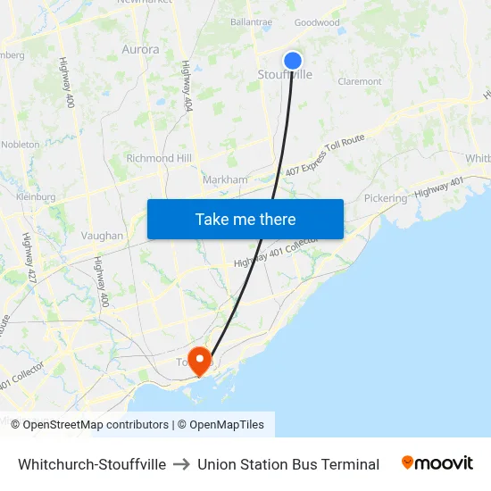 Whitchurch-Stouffville to Union Station Bus Terminal map