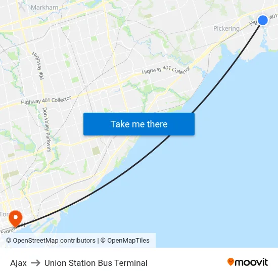 Ajax to Union Station Bus Terminal map