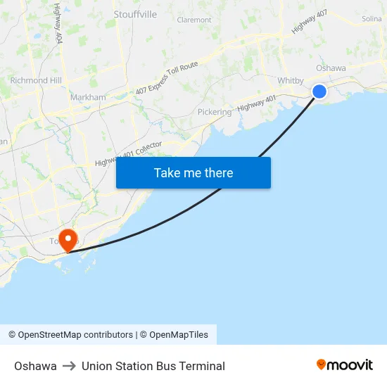 Oshawa to Union Station Bus Terminal map