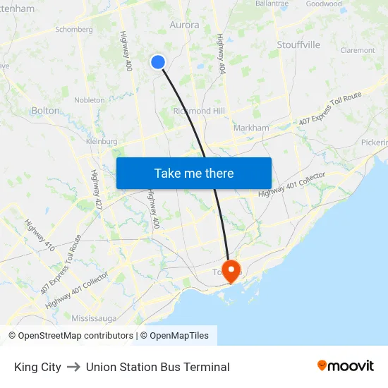 King City to Union Station Bus Terminal map