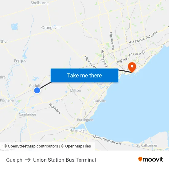 Guelph to Union Station Bus Terminal map