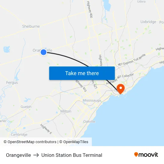 Orangeville to Union Station Bus Terminal map