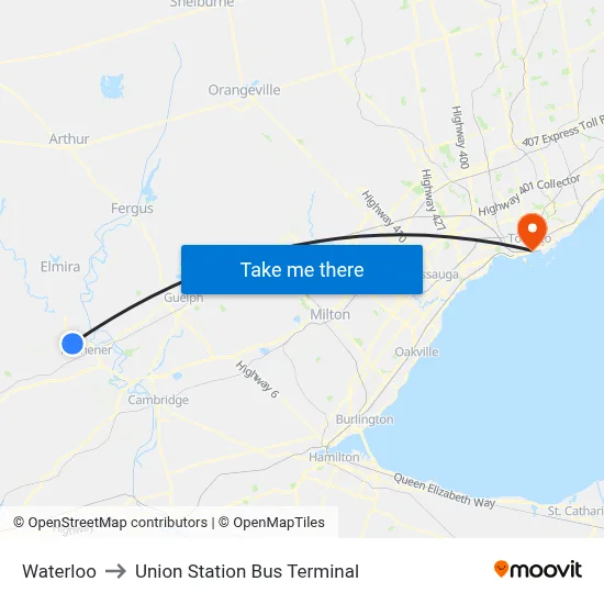 Waterloo to Union Station Bus Terminal map