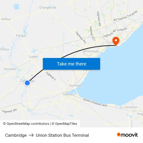 Cambridge to Union Station Bus Terminal map