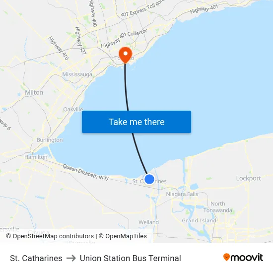 St. Catharines to Union Station Bus Terminal map