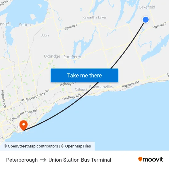 Peterborough to Union Station Bus Terminal map
