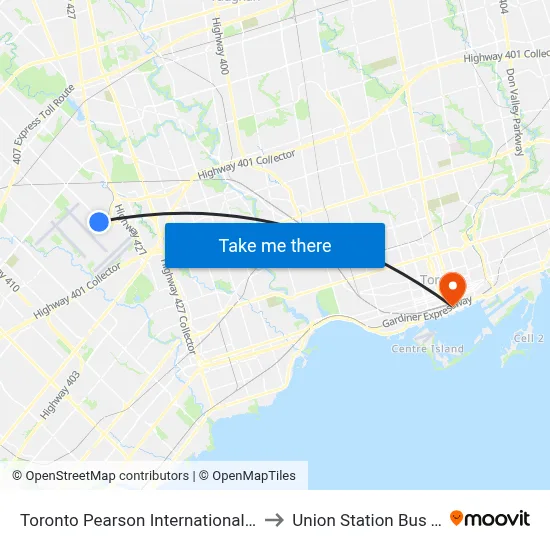 Toronto Pearson International Airport (Yyz) to Union Station Bus Terminal map