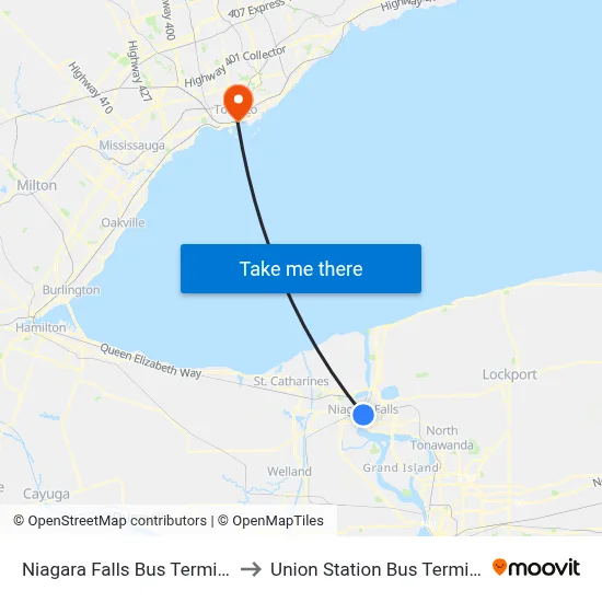 Niagara Falls Bus Terminal to Union Station Bus Terminal map