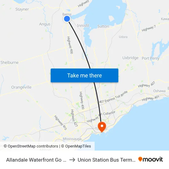 Allandale Waterfront Go Bus to Union Station Bus Terminal map