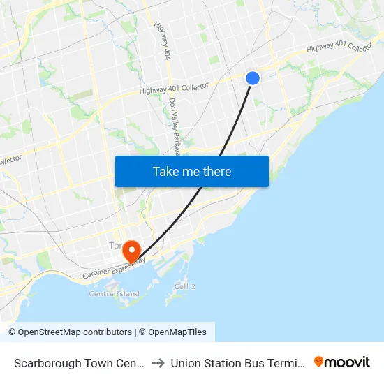 Scarborough Town Centre to Union Station Bus Terminal map
