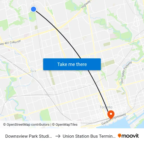 Downsview Park Studios to Union Station Bus Terminal map